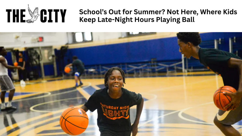 Cover of an article of The City about Saturday Night Lights. A youth is playing basketball.